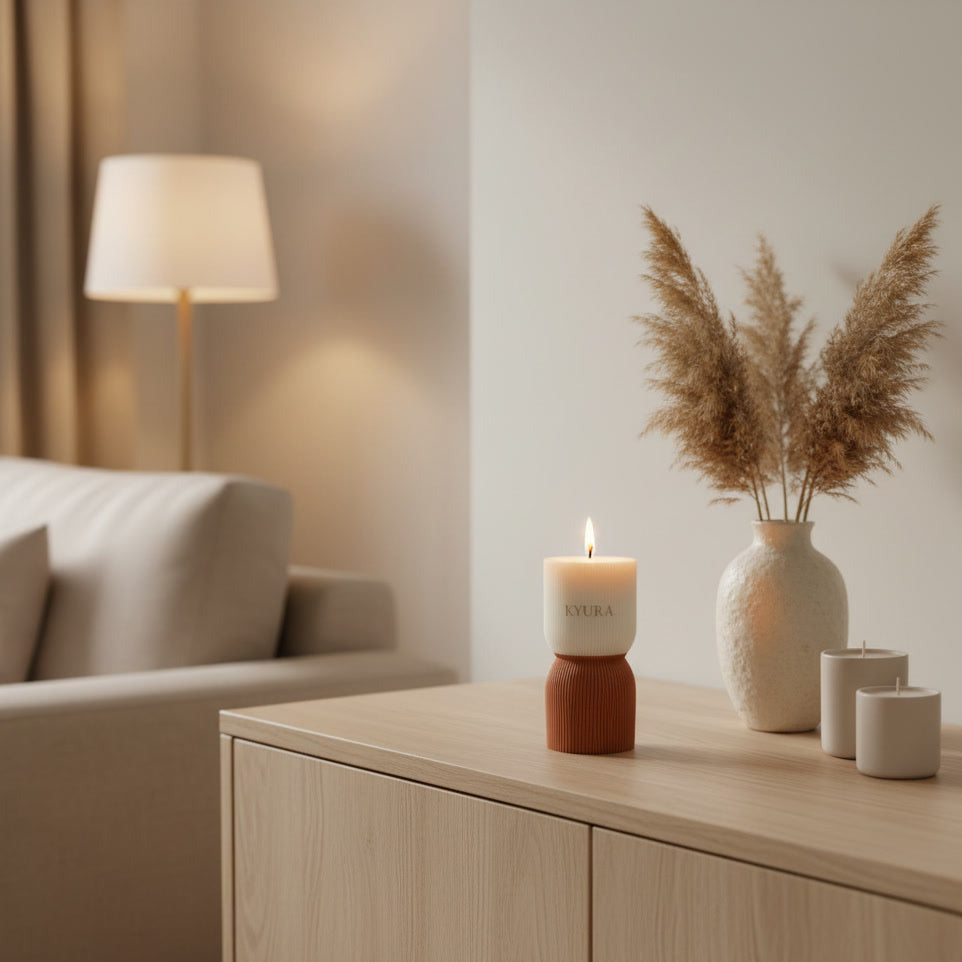 Candle and decorative items on a wooden surface with a blurred background